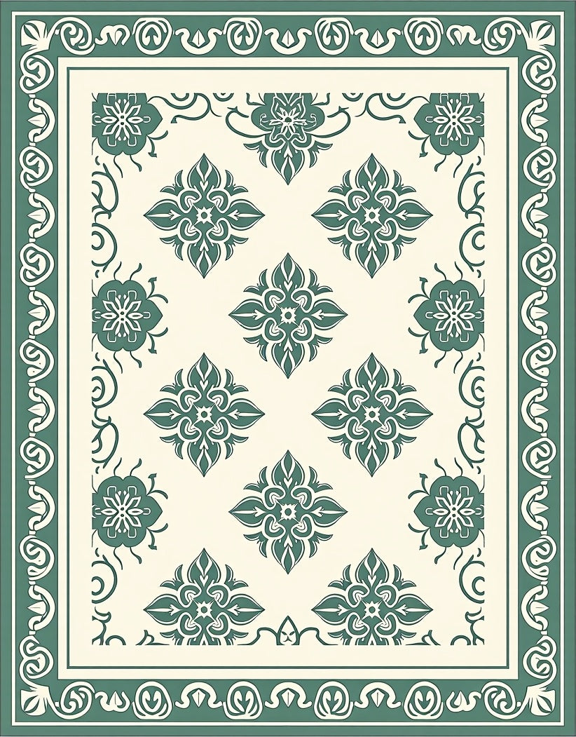 Vintage Teal Floral Medallion Border Rug