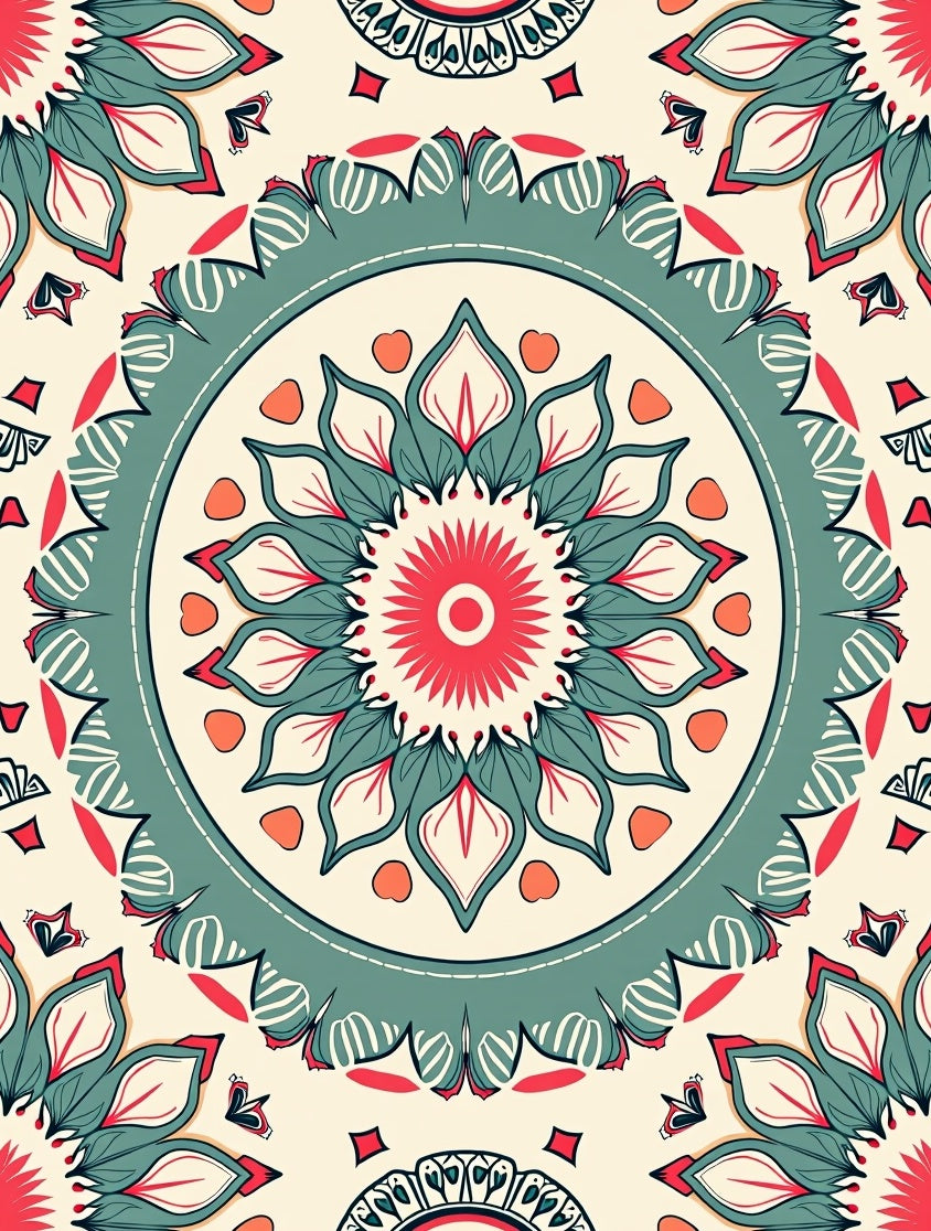 Coral Teal Floral Medallion Rug