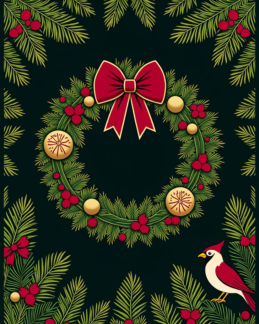 Festive Red Cardinal Evergreen Wreath Rug