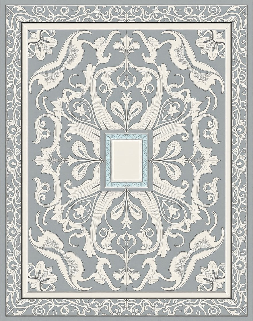 Elegant Gray Floral Scroll Artwork Rug