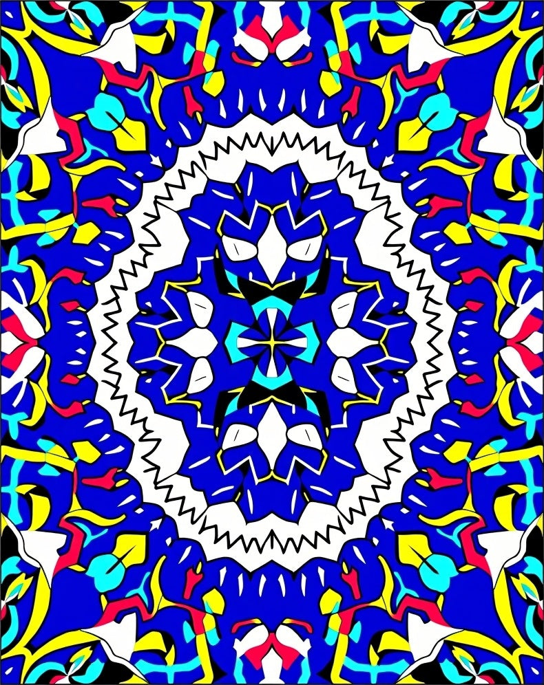 Intricate Blue Yellow Red Symmetry Rug