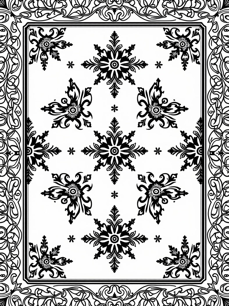 Black Symmetrical Floral Starburst Border Rug