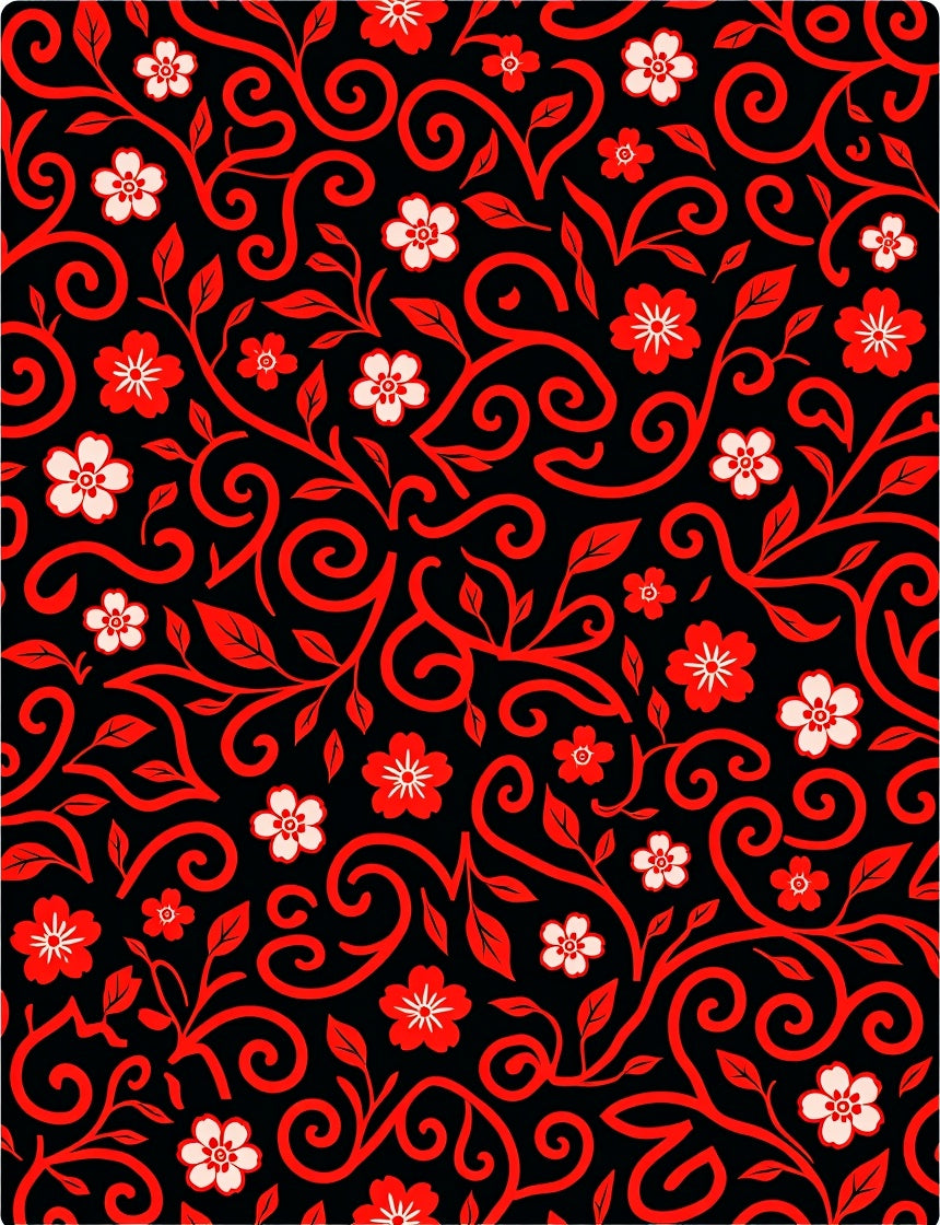 Crimson Floral Scroll Black Rug
