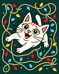 Playful White Cat Christmas Lights Rug