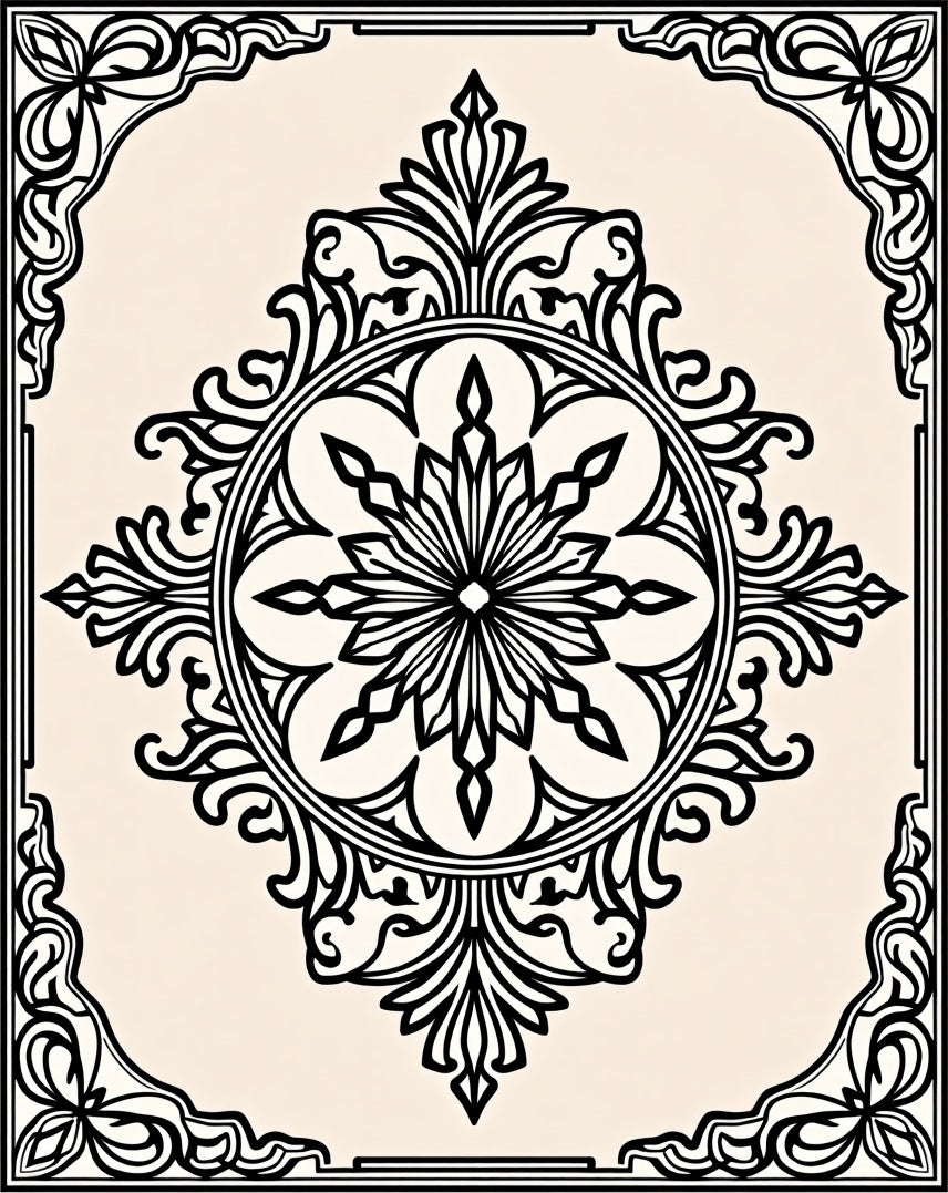 Black Cream Arabesque Medallion Border Rug