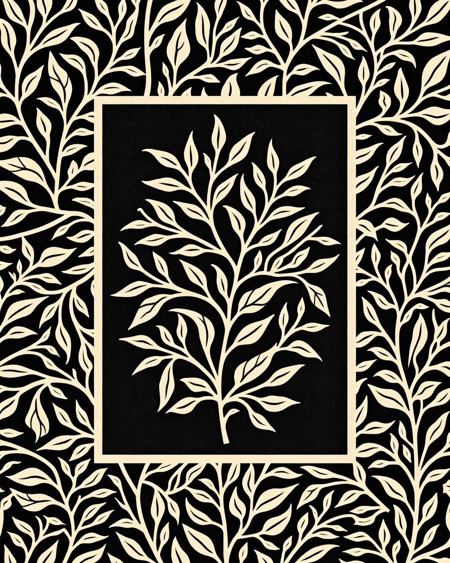 Black and Cream Botanical Scroll Rug