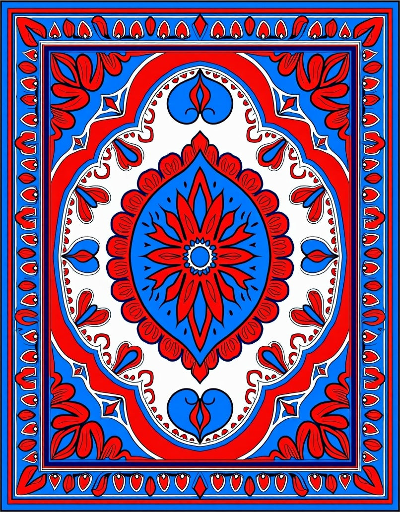 Vibrant Red Blue Floral Medallion Rug