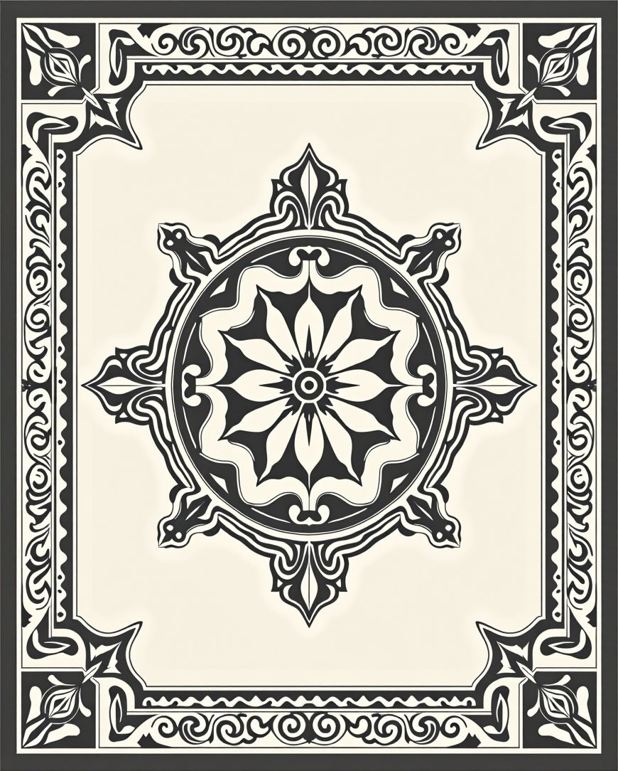 Ornate Black Cream Medallion Border Rug