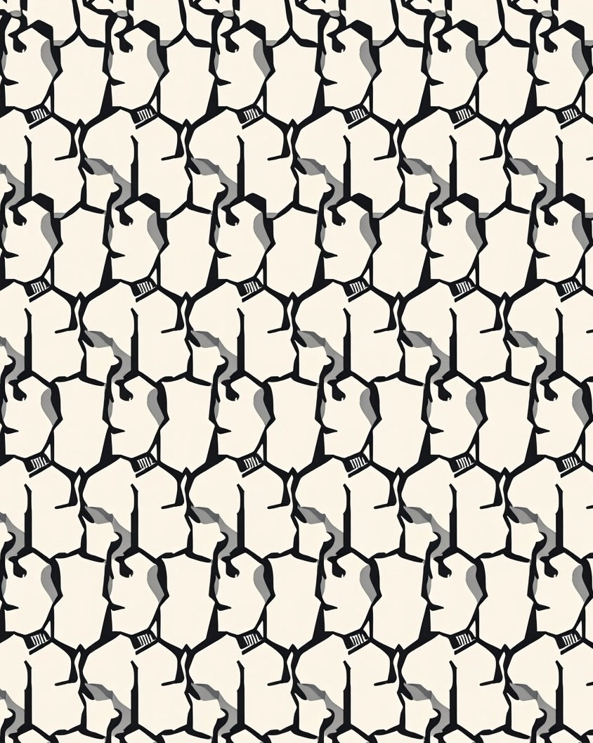 Cream Black Abstract Head Tiling Rug