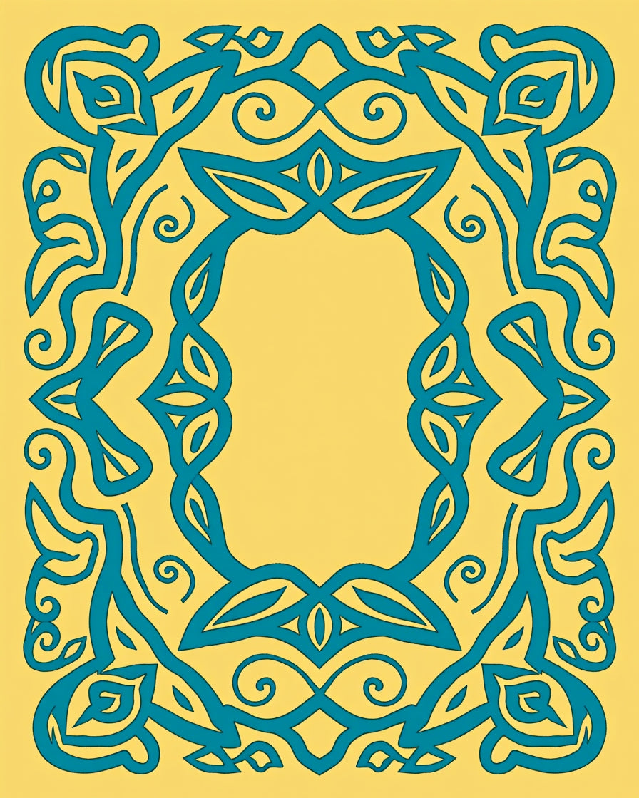 Teal Yellow Ornamental Swirl Frame Rug