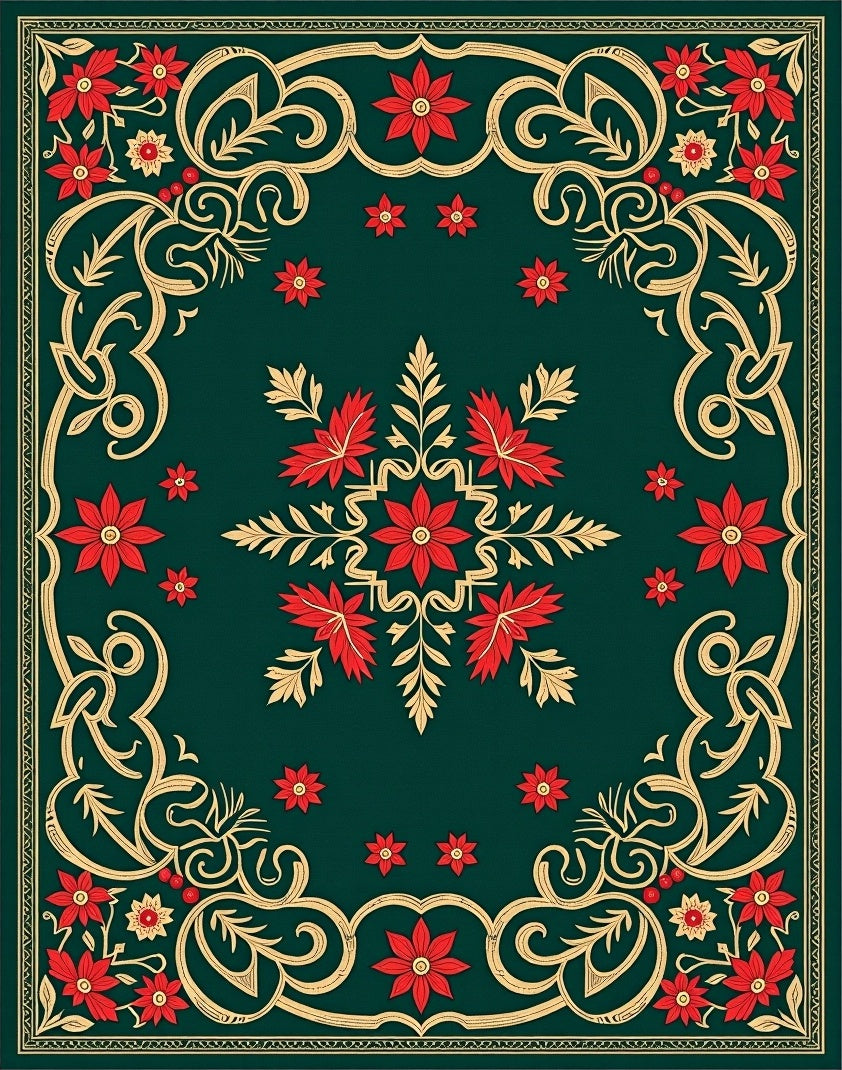 Emerald Red Floral Swirl Medallion Rug