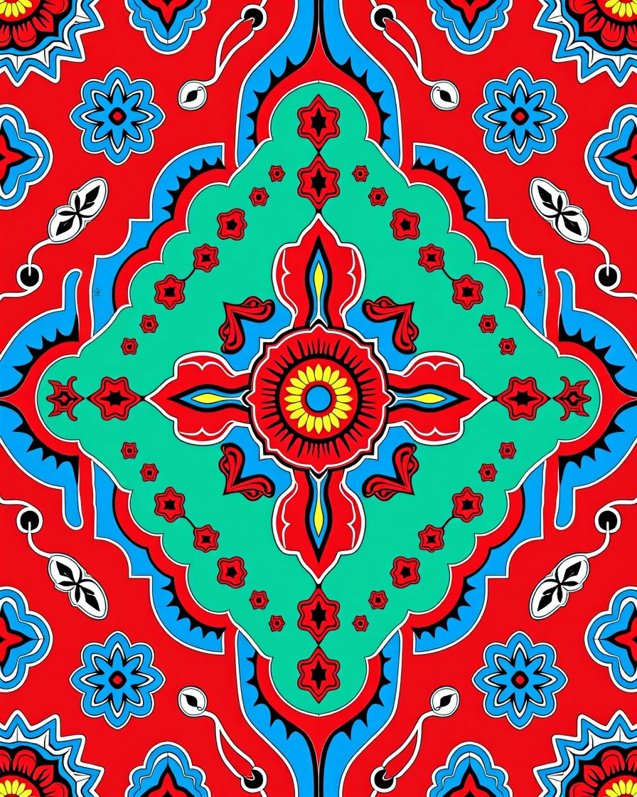 Vibrant Red Turquoise Floral Mandala Rug