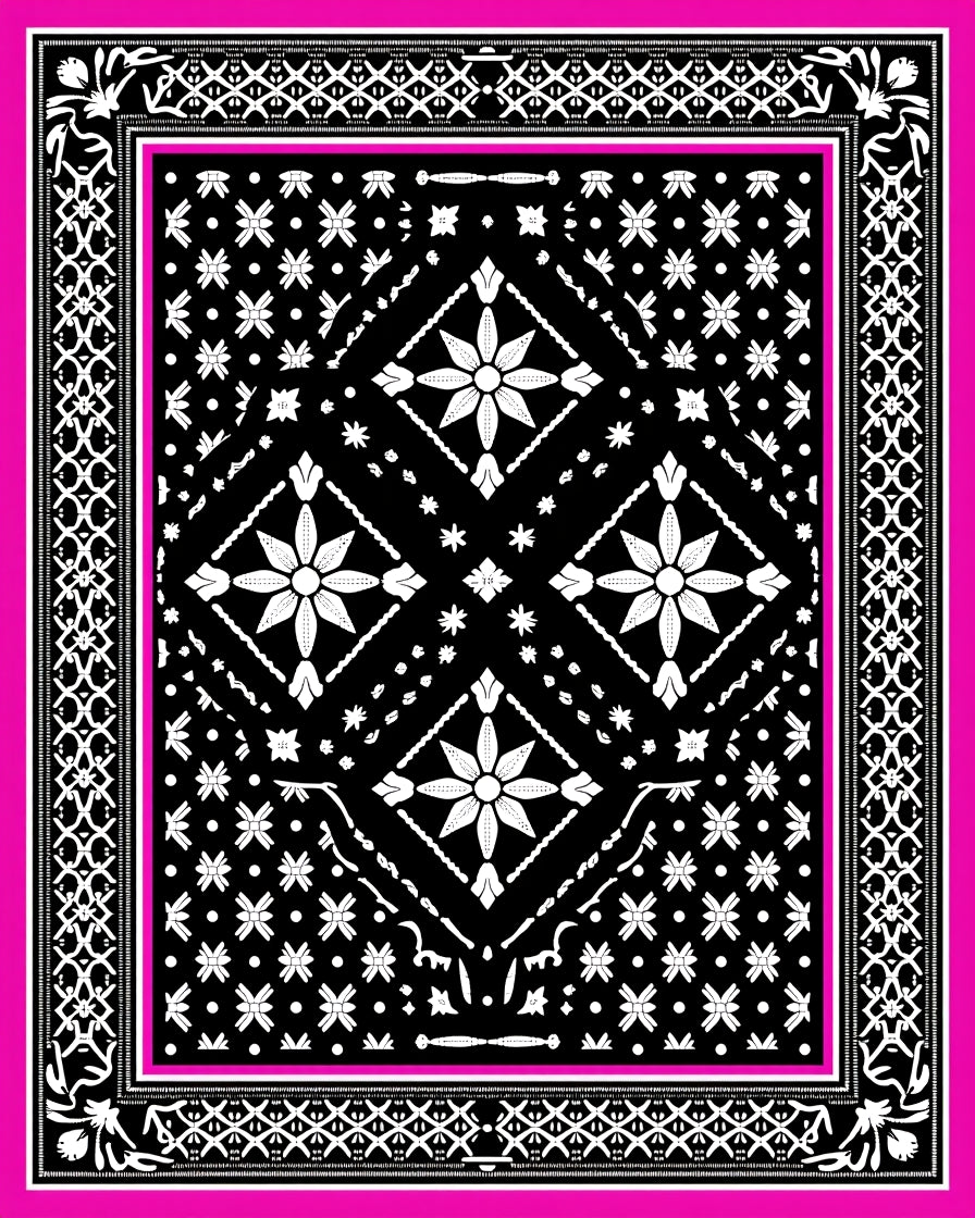 Black White Floral Diamond Border Rug