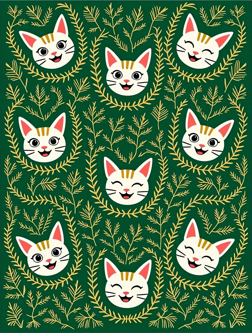 Whimsical Cat Faces Emerald Foliage Rug