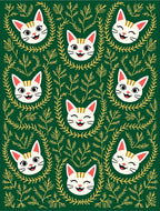 Whimsical Cat Faces Emerald Foliage Rug