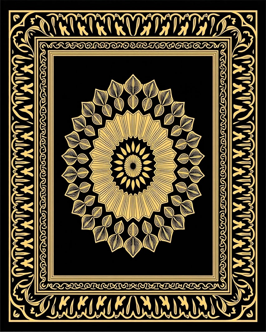 Black Gold Intricate Medallion Square Rug