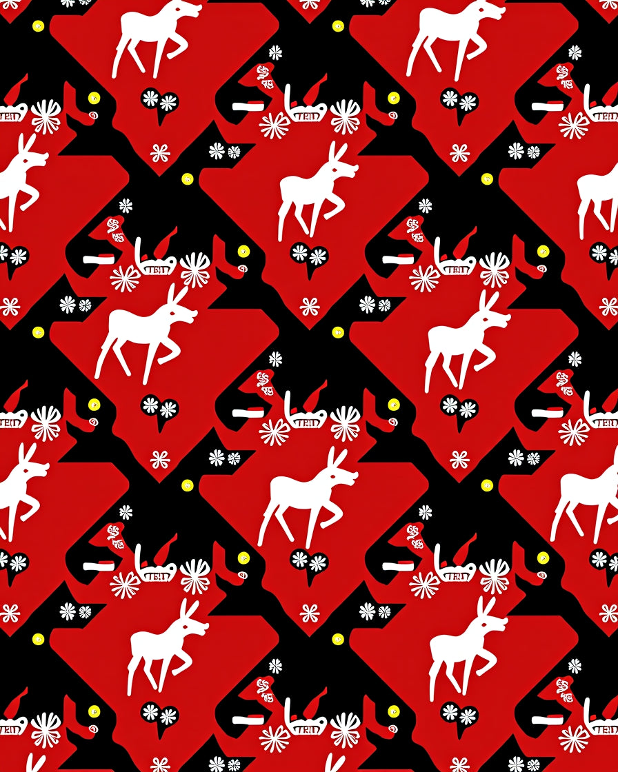 Bold Red White Deer Geometric Folklore Rug