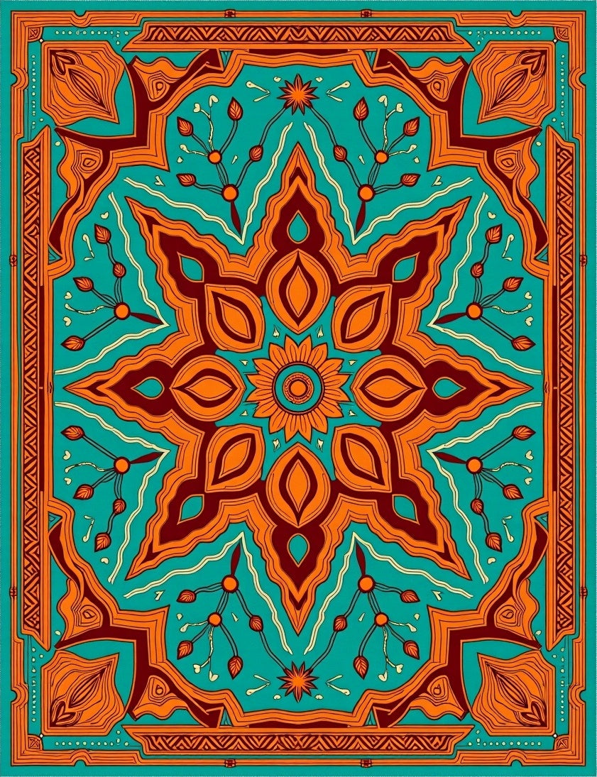 Vibrant Teal Orange Floral Medallion Rug
