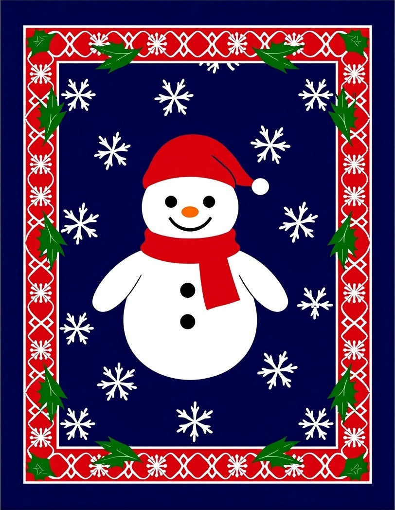 Festive Blue Snowman Holly Snowflake Frame Rug