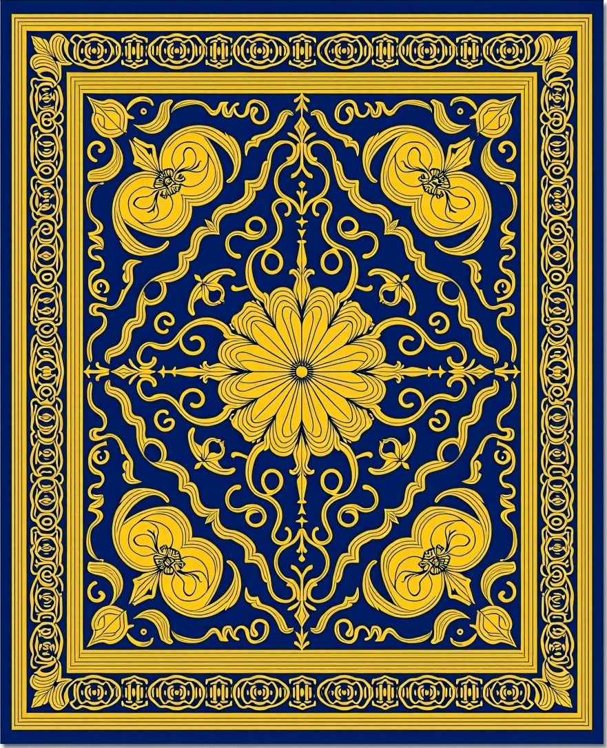 Royal Blue Yellow Floral Scroll Mandate Rug