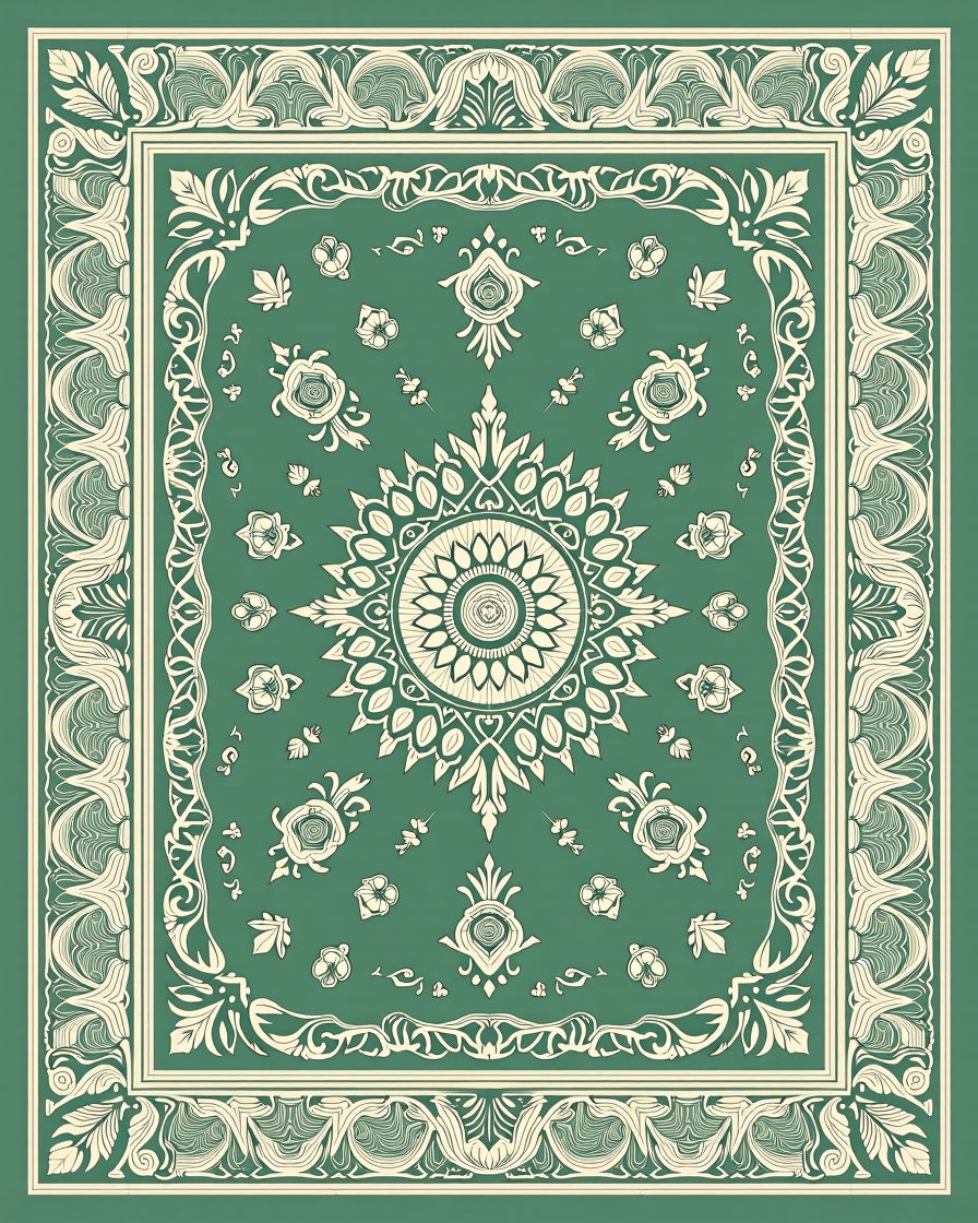 Emerald Ivory Floral Medallion Border Rug
