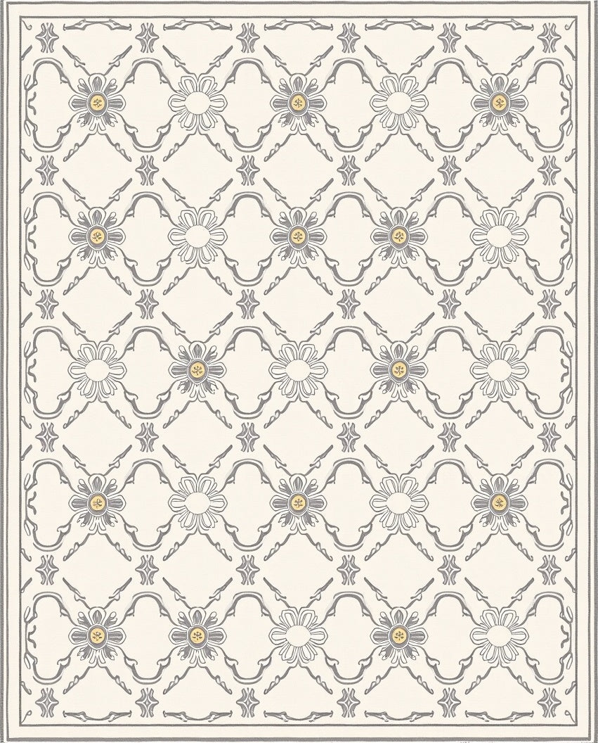 Neutral Grey Floral Trellis With Gold Accents Rug