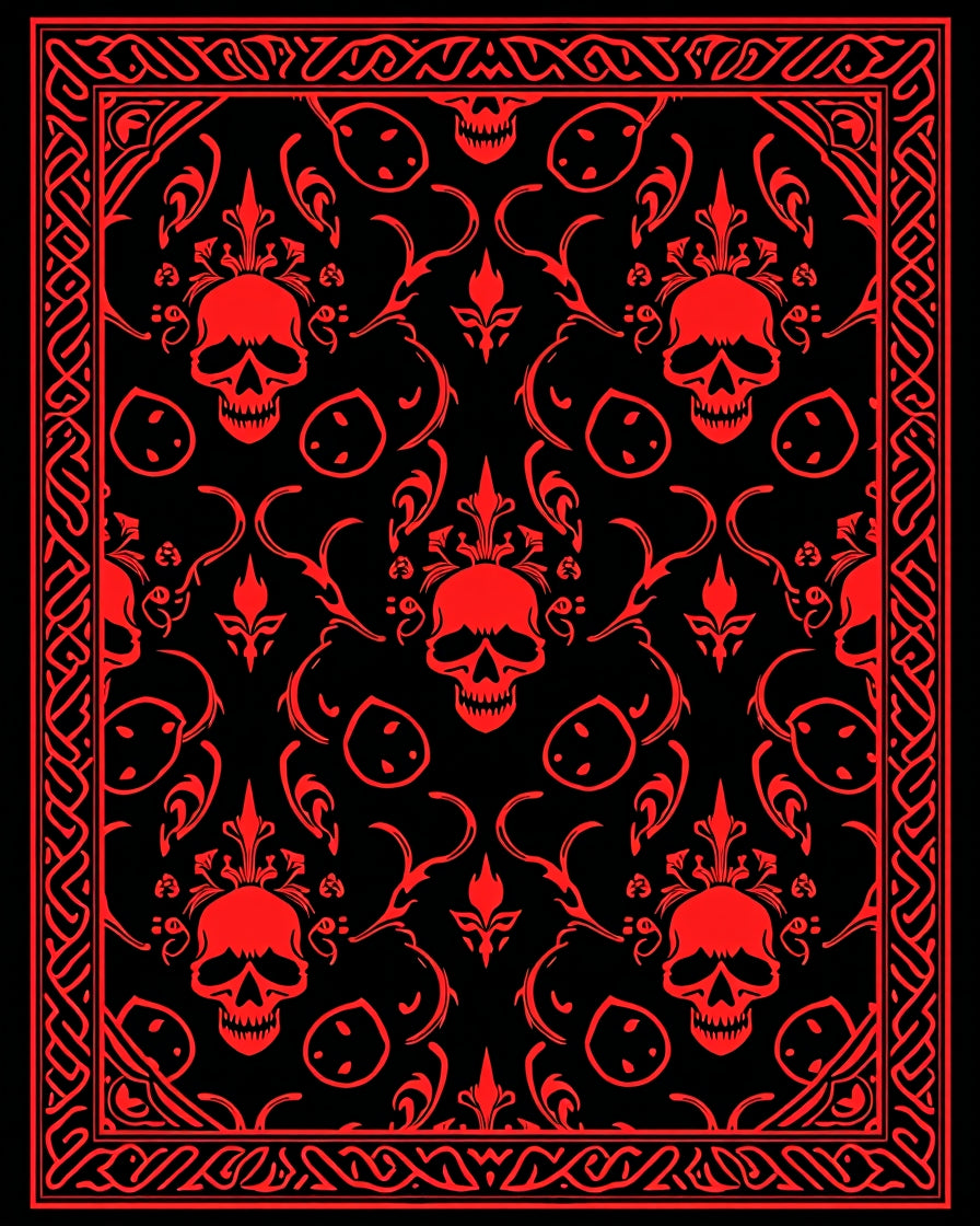 Crimson Skull Floral Damask Border Rug