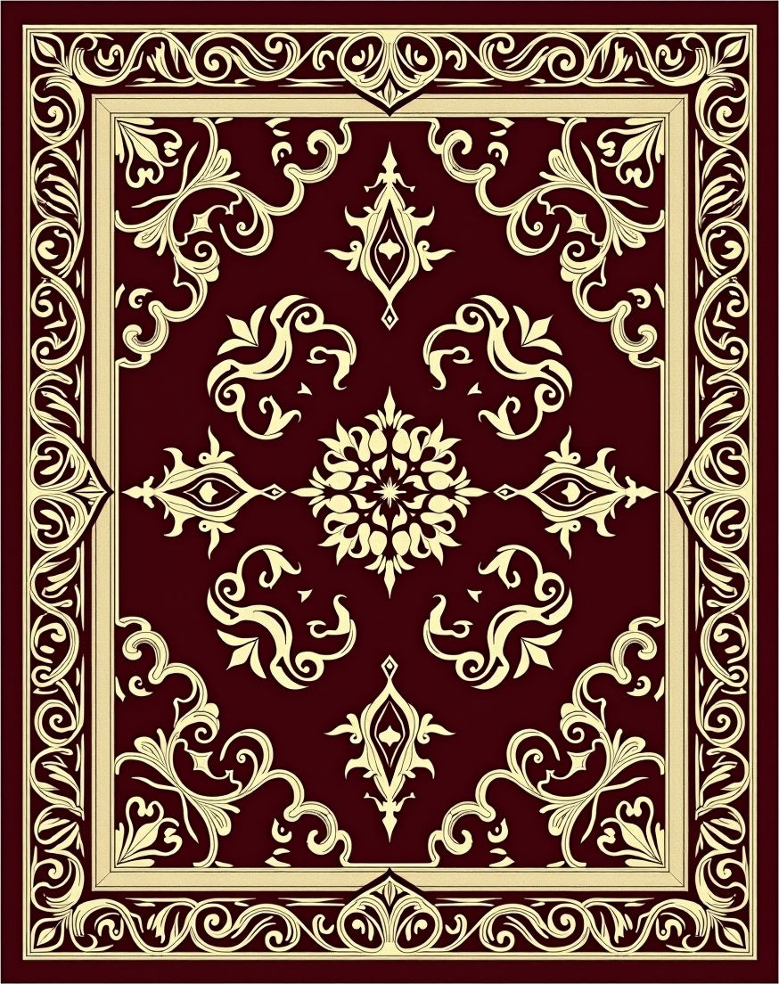 Deep Red Cream Floral Medallion Border Rug