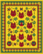 Whimsical Red Cat Yellow Floral Rug
