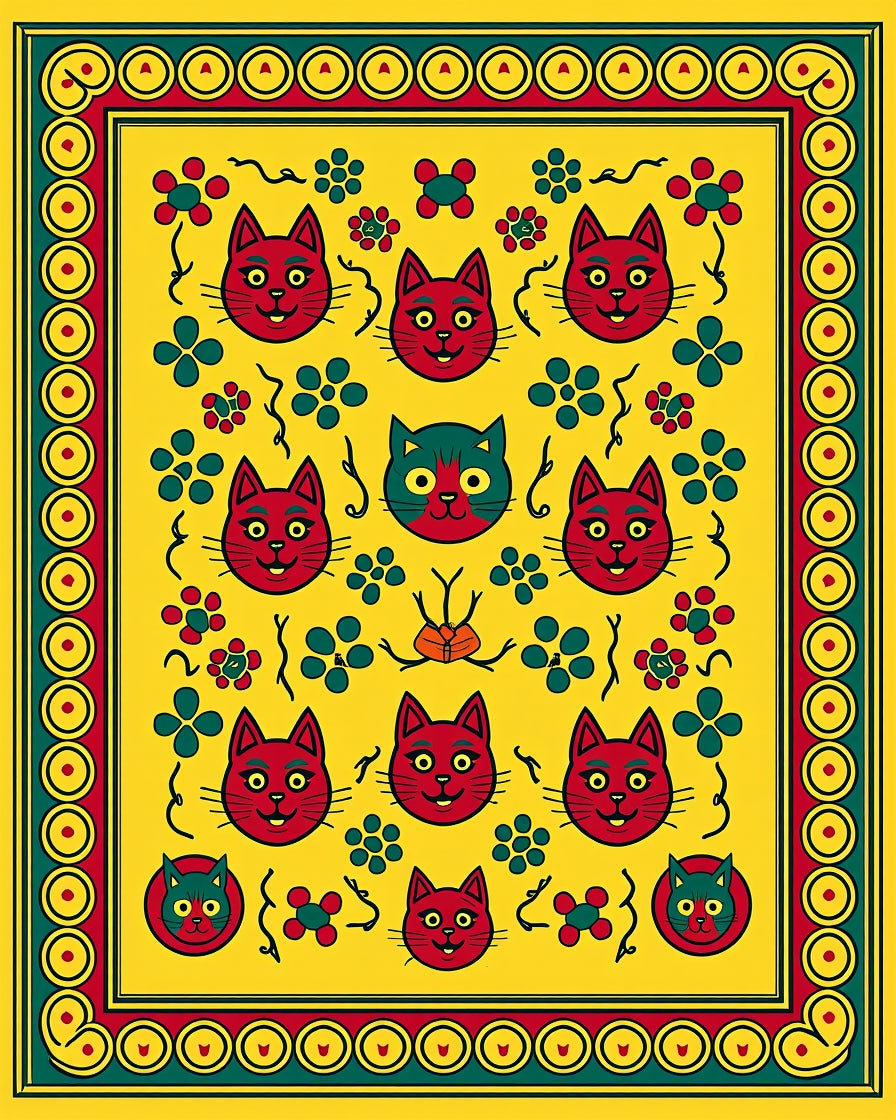 Whimsical Red Cat Yellow Floral Rug