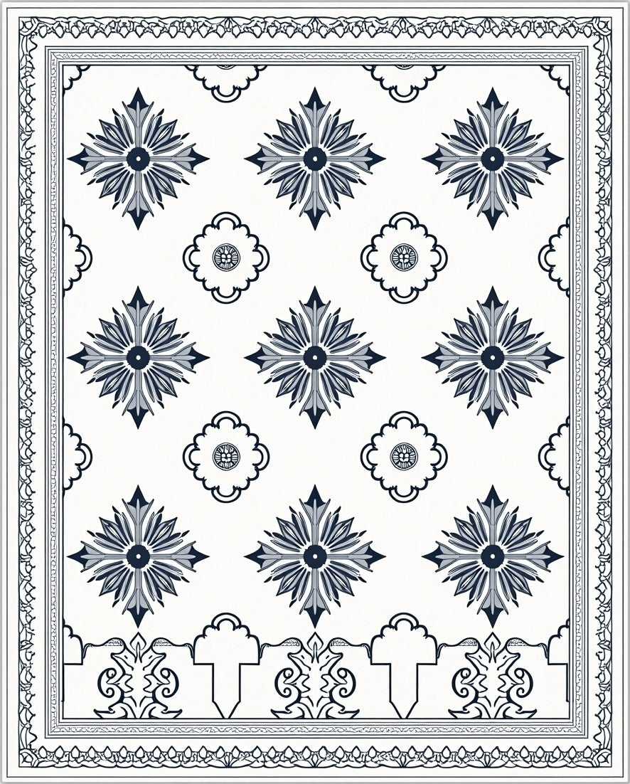 Classic Navy Starburst Floral Border Rug