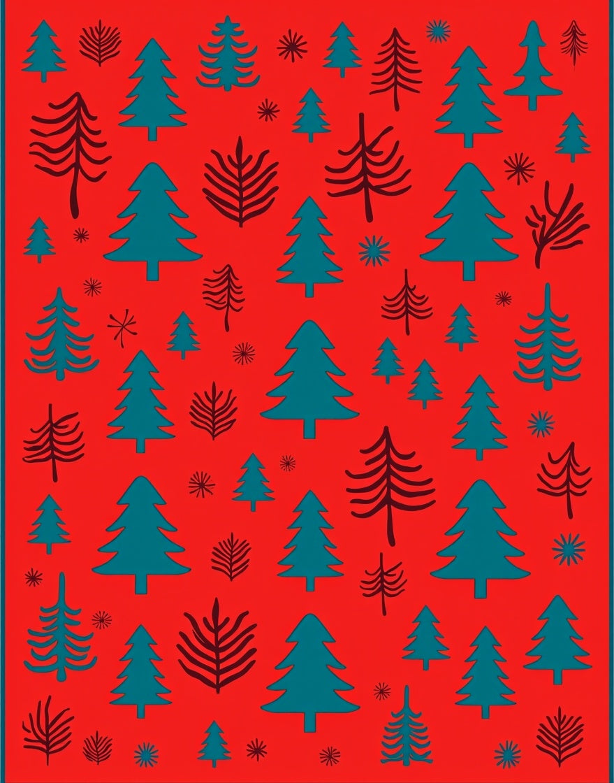 Teal Pine Forest on Red Background Rug