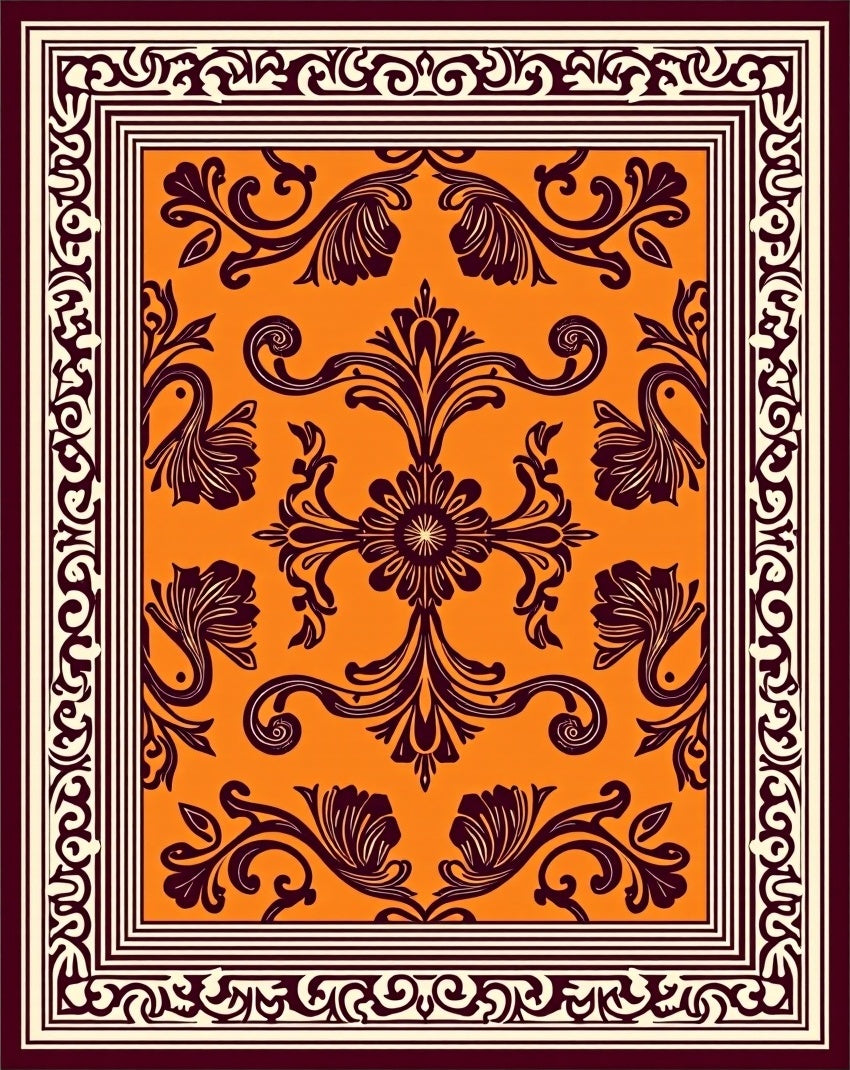 Rich Orange Baroque Scroll Rug