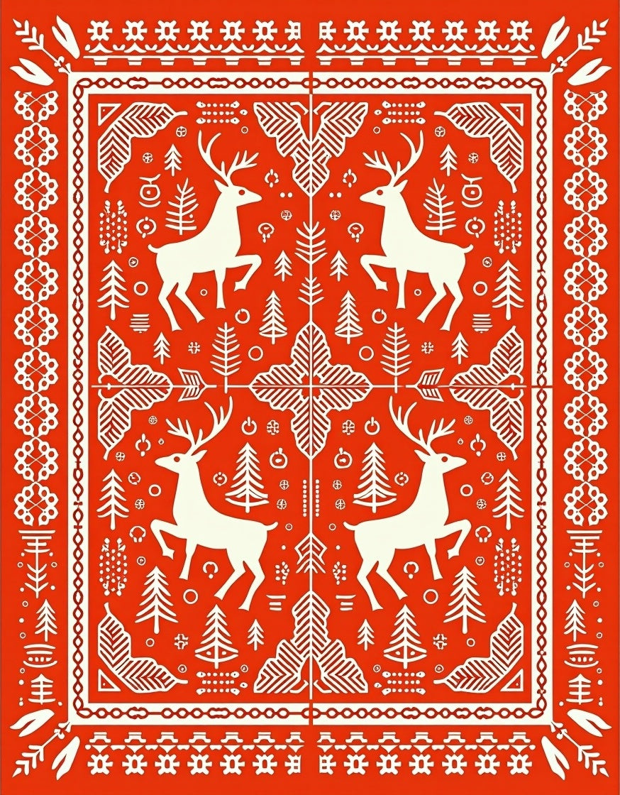 Red White Folk Art Deer Forest Rug