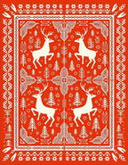 Red White Folk Art Deer Forest Rug