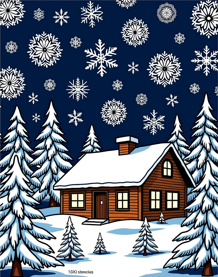Cozy Winter Cabin Snowflake Scene Rug