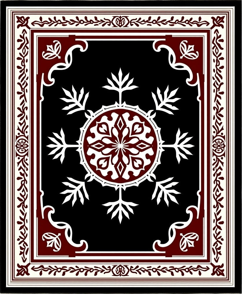 Deep Crimson Snowflake Geometric Medallion Rug