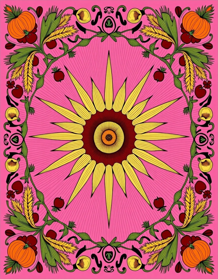Pink Sunburst Floral Pumpkin Border Rug