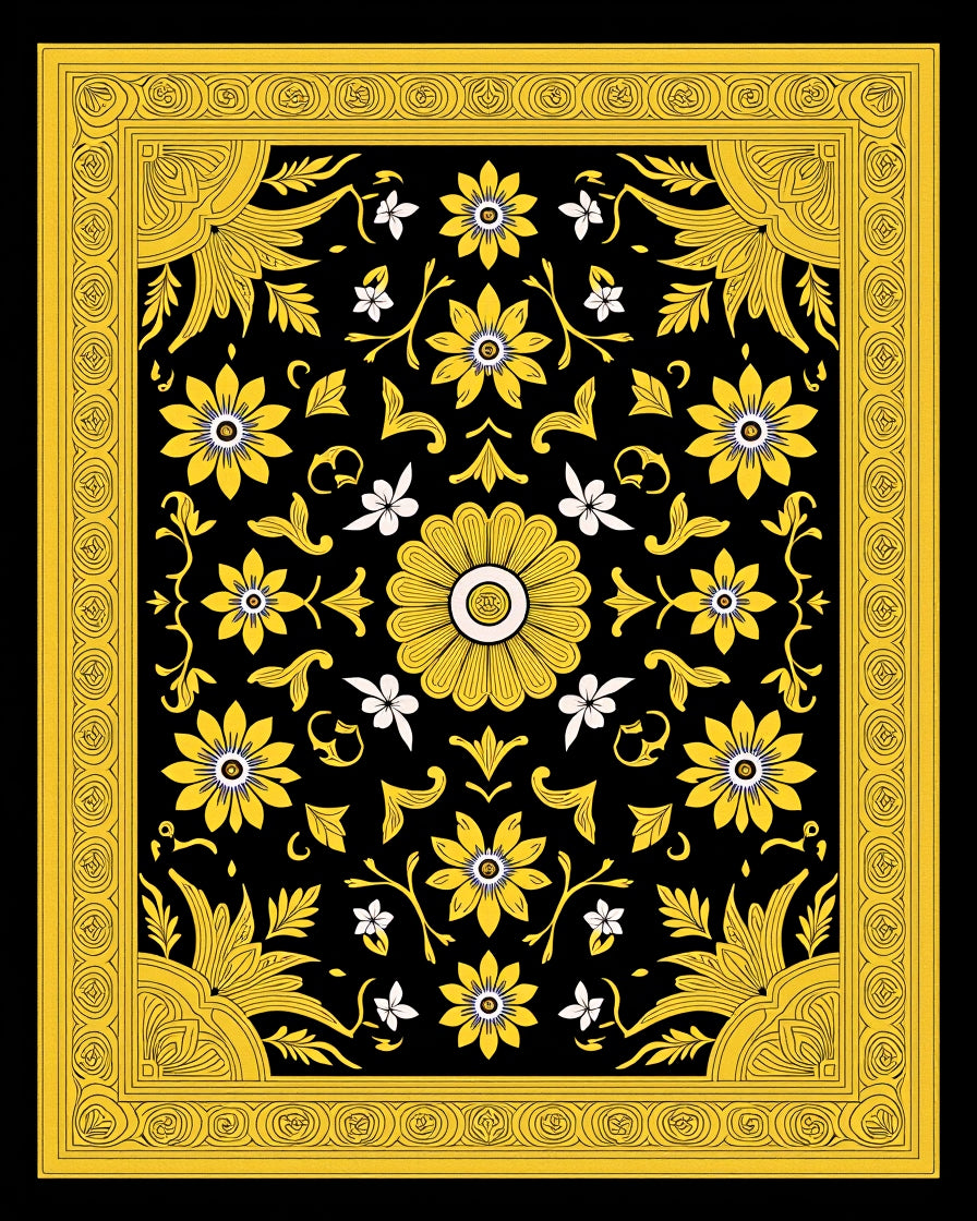 Classic Black and Yellow Floral Medallion Rug