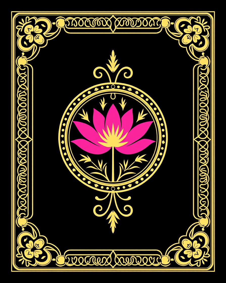 Vibrant Pink Lotus Golden Frame Rug