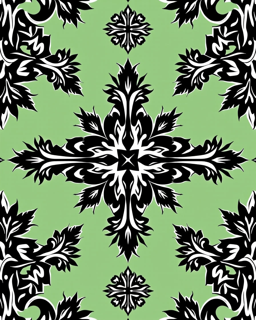 Black Leaf Scroll Mandala Green Rug