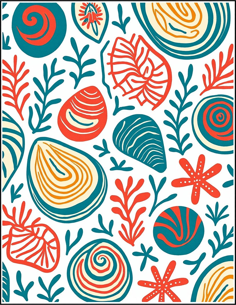 Coastal Red Teal Seashell Scatter Rug