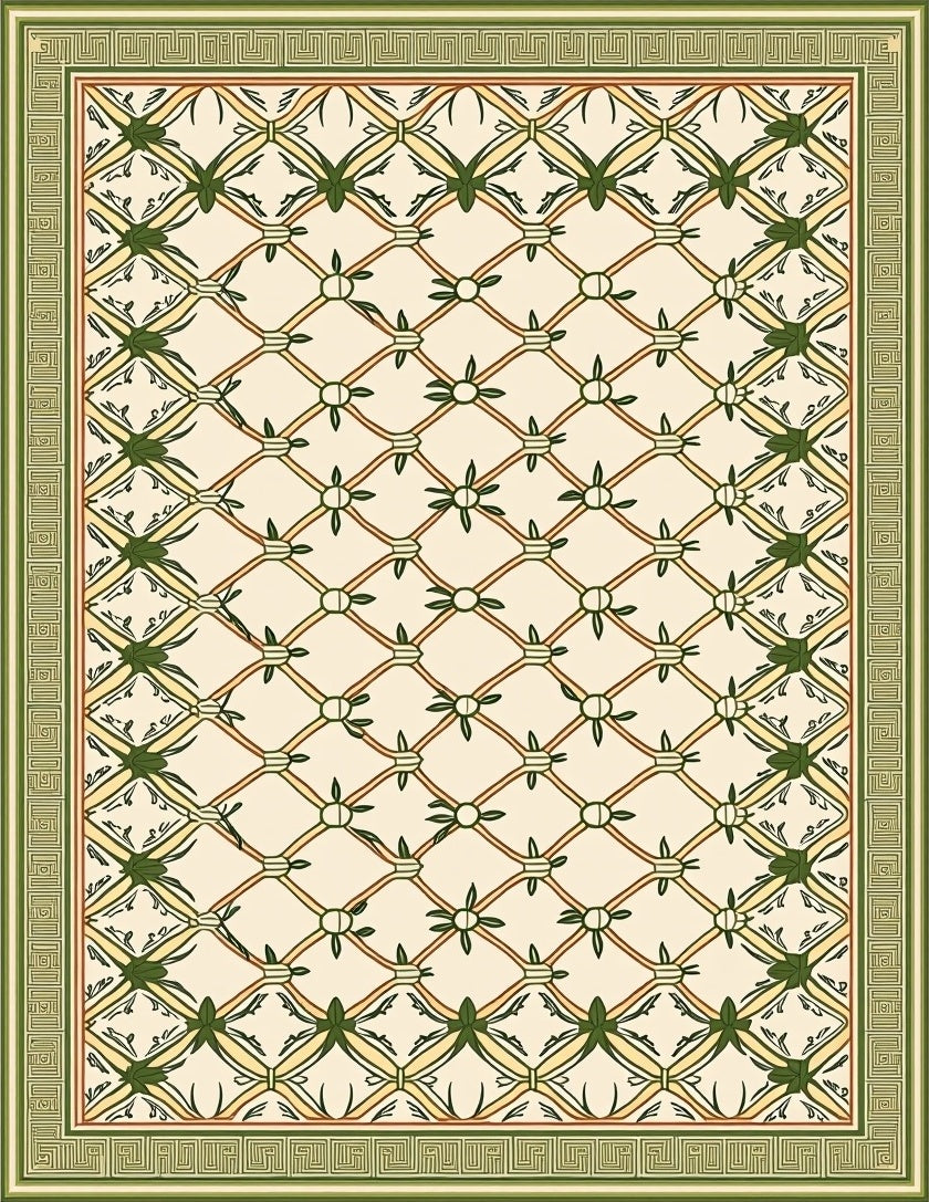 Antique Cream Green Lattice Vine Rug