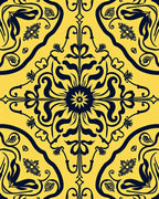 Dark Navy Floral Sunburst Yellow Mandala Rug