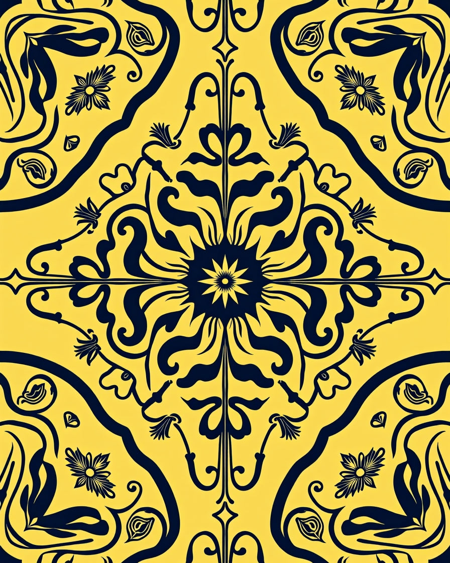 Dark Navy Floral Sunburst Yellow Mandala Rug