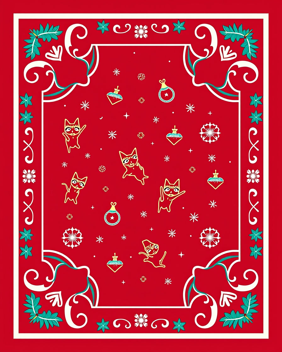 Festive Red Christmas Cats Ornaments Rug