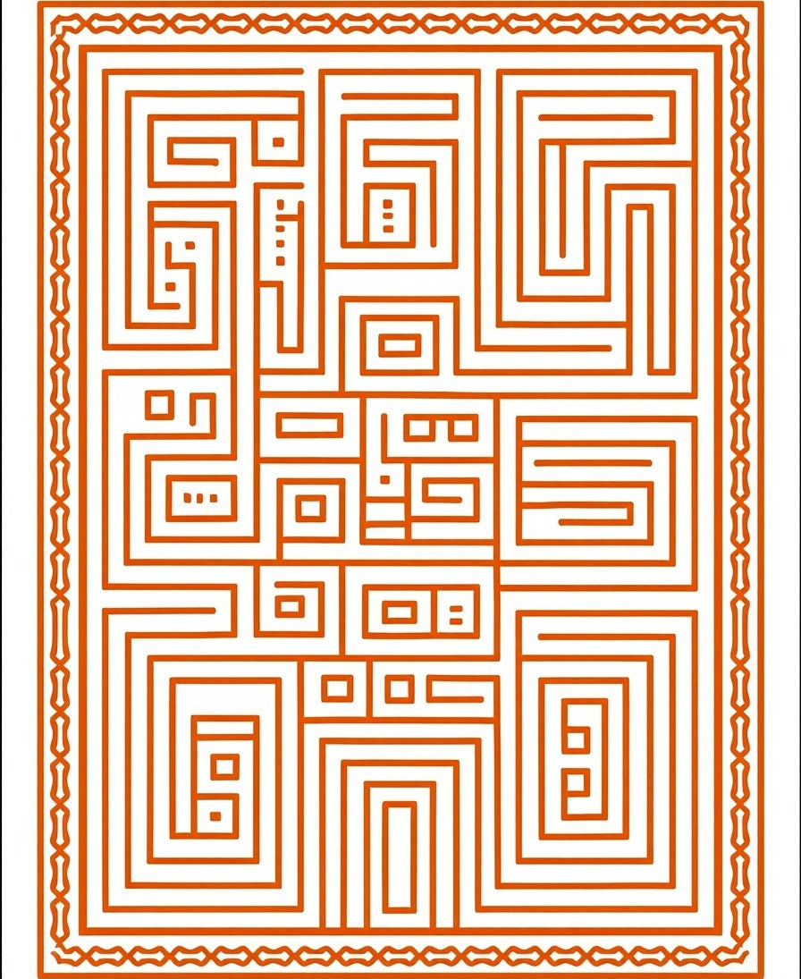 Orange Maze With Geometric Border Rug