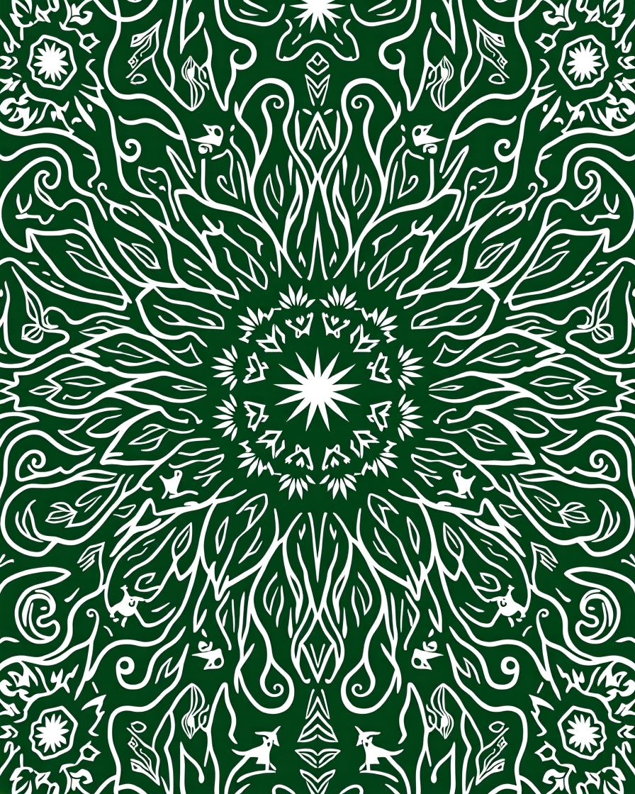 Forest Green White Organic Scroll Mandala Rug