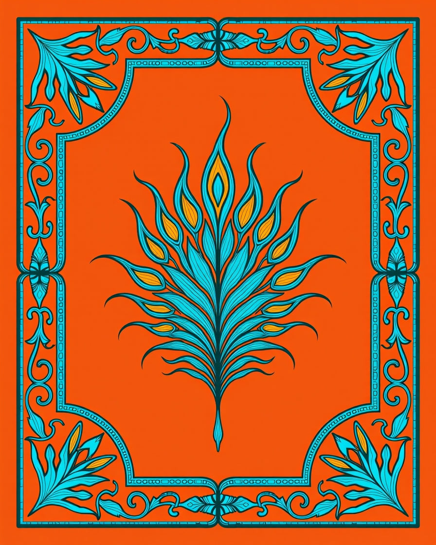 Bright Orange Teal Feathered Bloom Rug