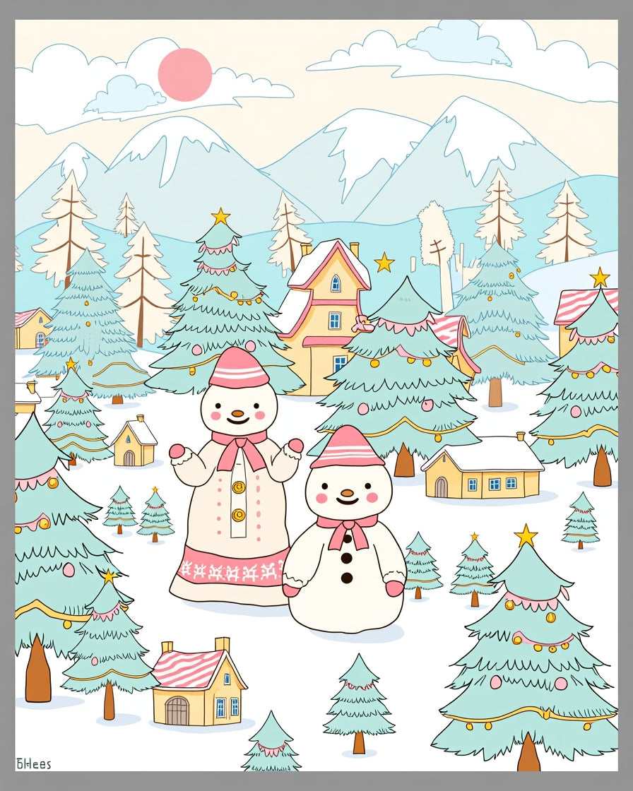 Wintery Snowman Village Scene Rug
